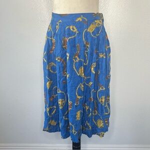 VINTAGE 1980s Chaus Petites Midi Novelty Printed Skirt Blue Vtg 80s Size 8